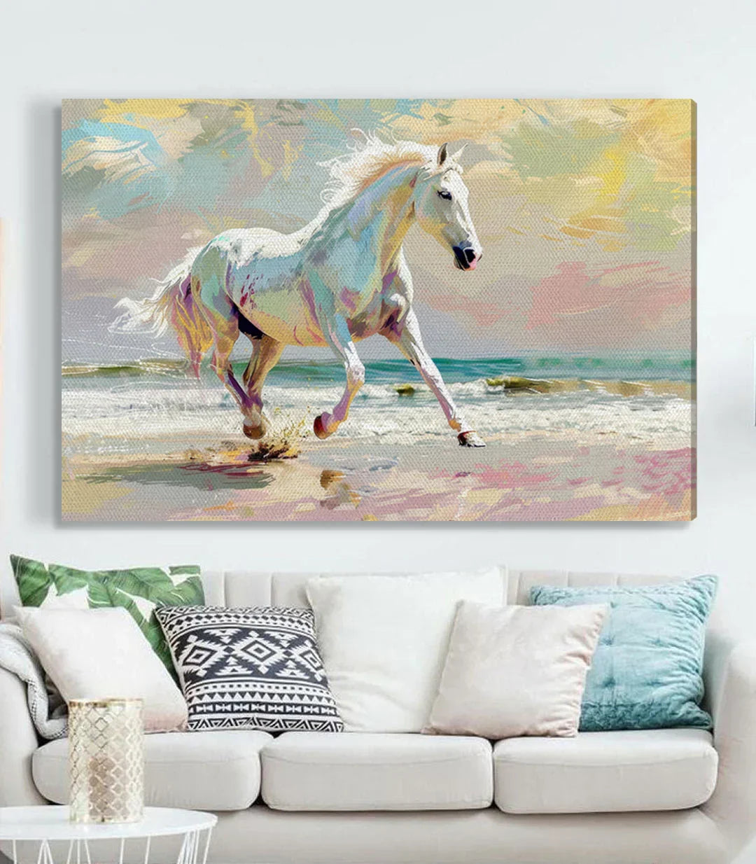 Detalle cuadro — caballo blanco expresionista en playa costera — Massinart