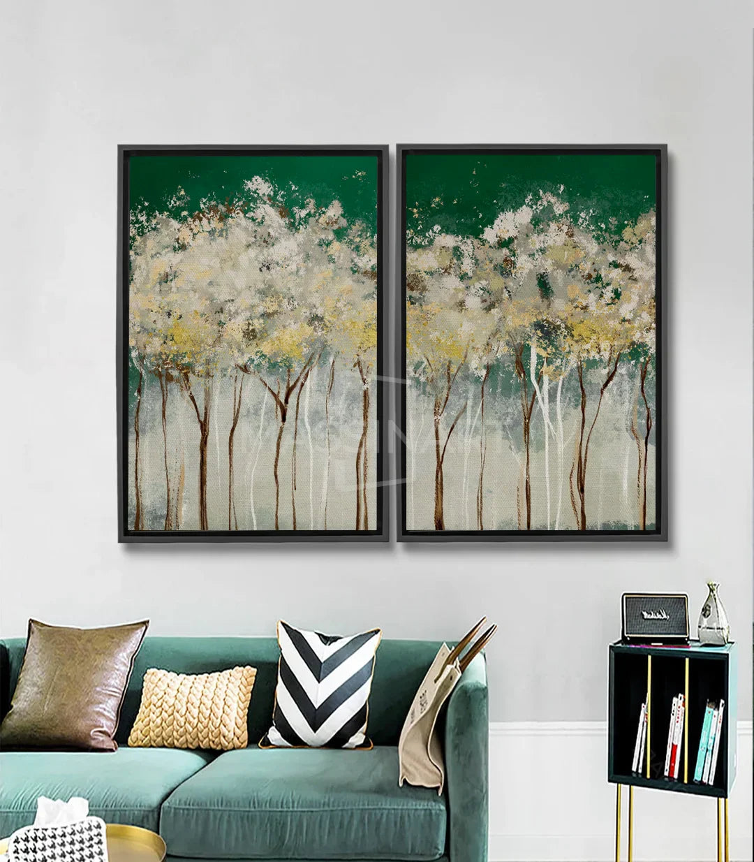 Cuadro Happiness Tree díptico — árboles abstractos sobre fondo verde y dorado, Massinart