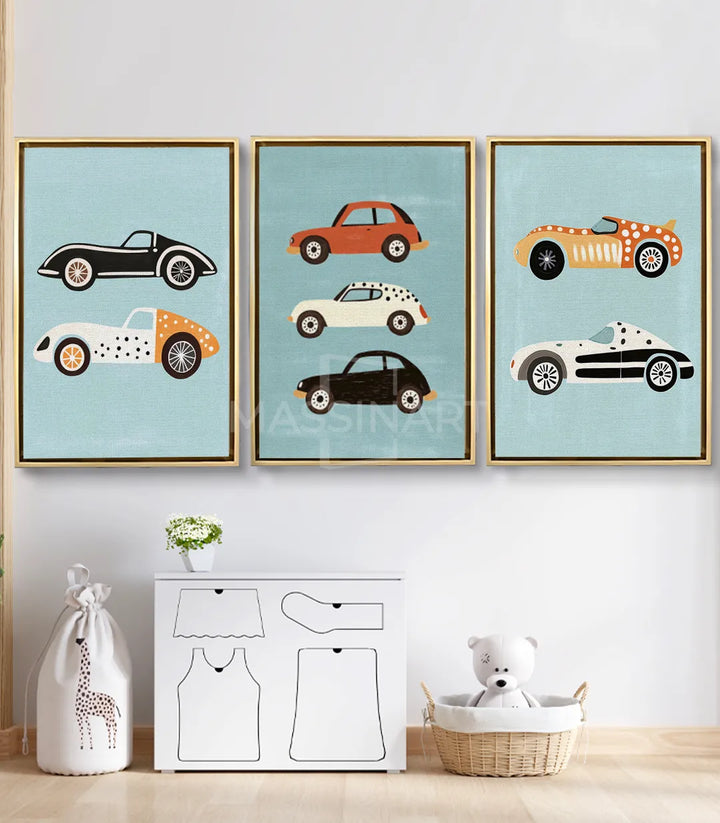 Tríptico cuadros coches vintage Massinart — tres automóviles retro en tonos turquesa