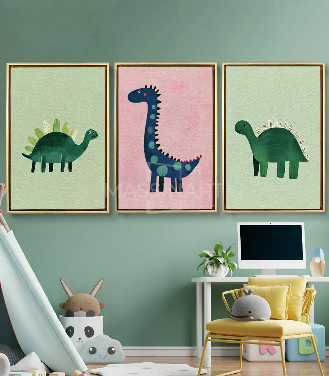 Cuadro dinosaurio braquiosaurio azul marino fondo rosa decoración habitación niño Massinart