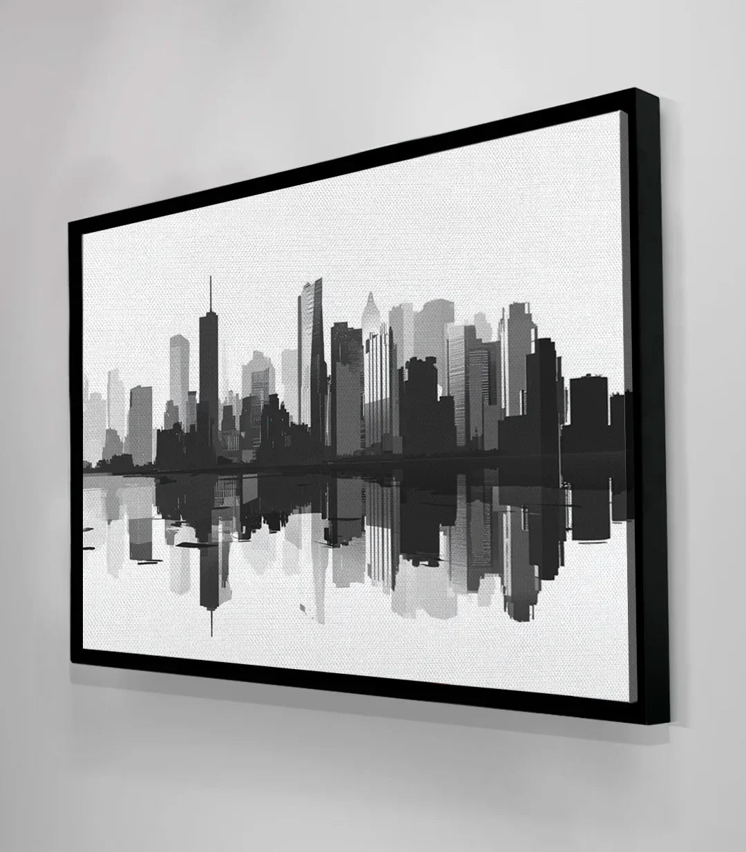 Simulación decoración escritorio — cuadro skyline urbano blanco y negro Massinart