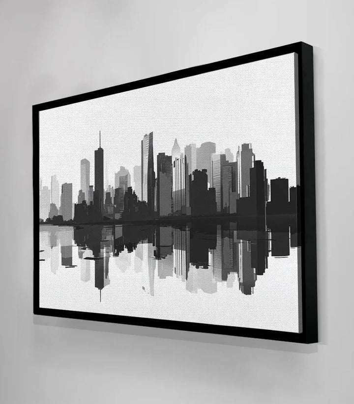 Simulación decoración escritorio — cuadro skyline urbano blanco y negro Massinart
