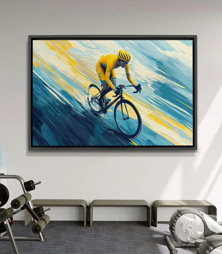 Cuadro ciclista Golden Ride — lienzo expresionista amarillo y azul con bicicleta de carretera