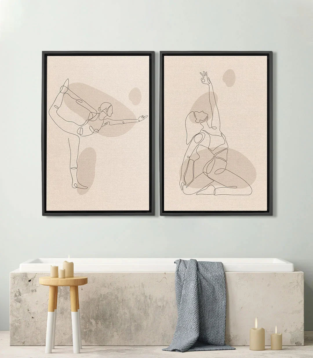 Cuadro Boho Balance díptico — siluetas de yoga en línea continua beige Massinart