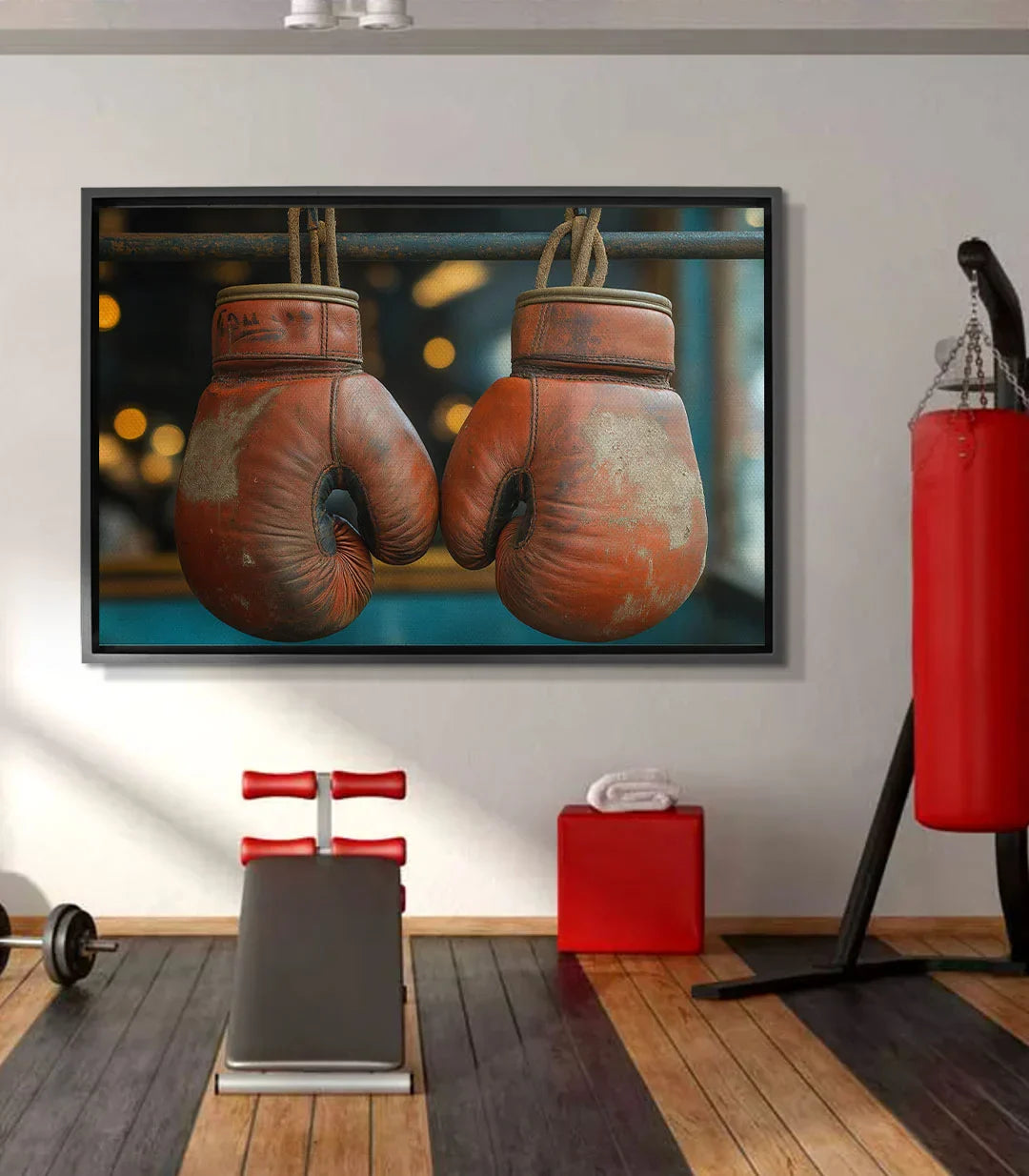 Cuadro guantes de boxeo Massinart — guantes rojos vintage sobre fondo azul