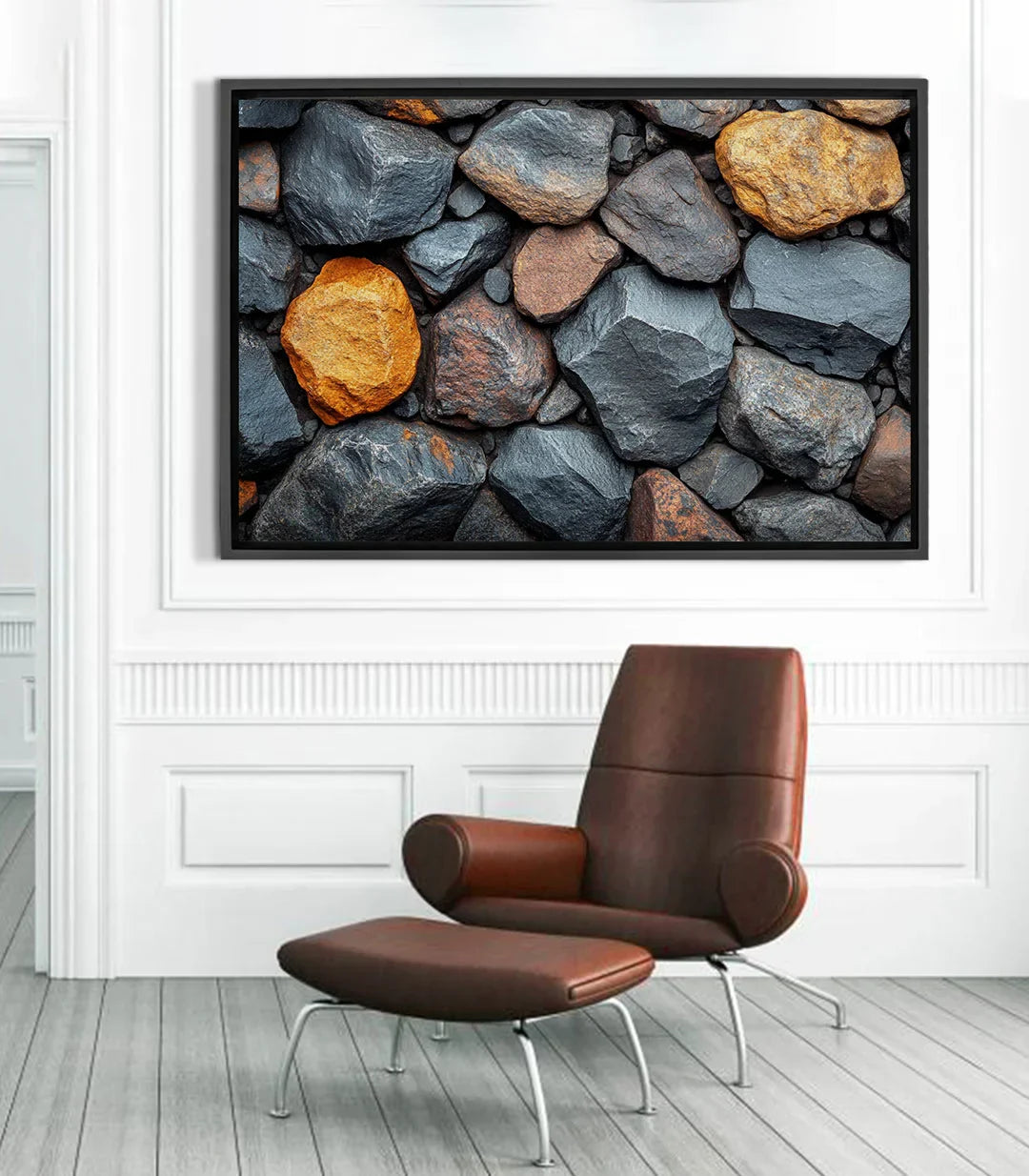 Cuadro Rock Balance Massinart — composición de piedras negras, grises y doradas con textura mineral natural