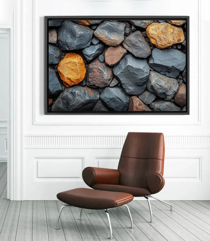 Cuadro Rock Balance Massinart — composición de piedras negras, grises y doradas con textura mineral natural