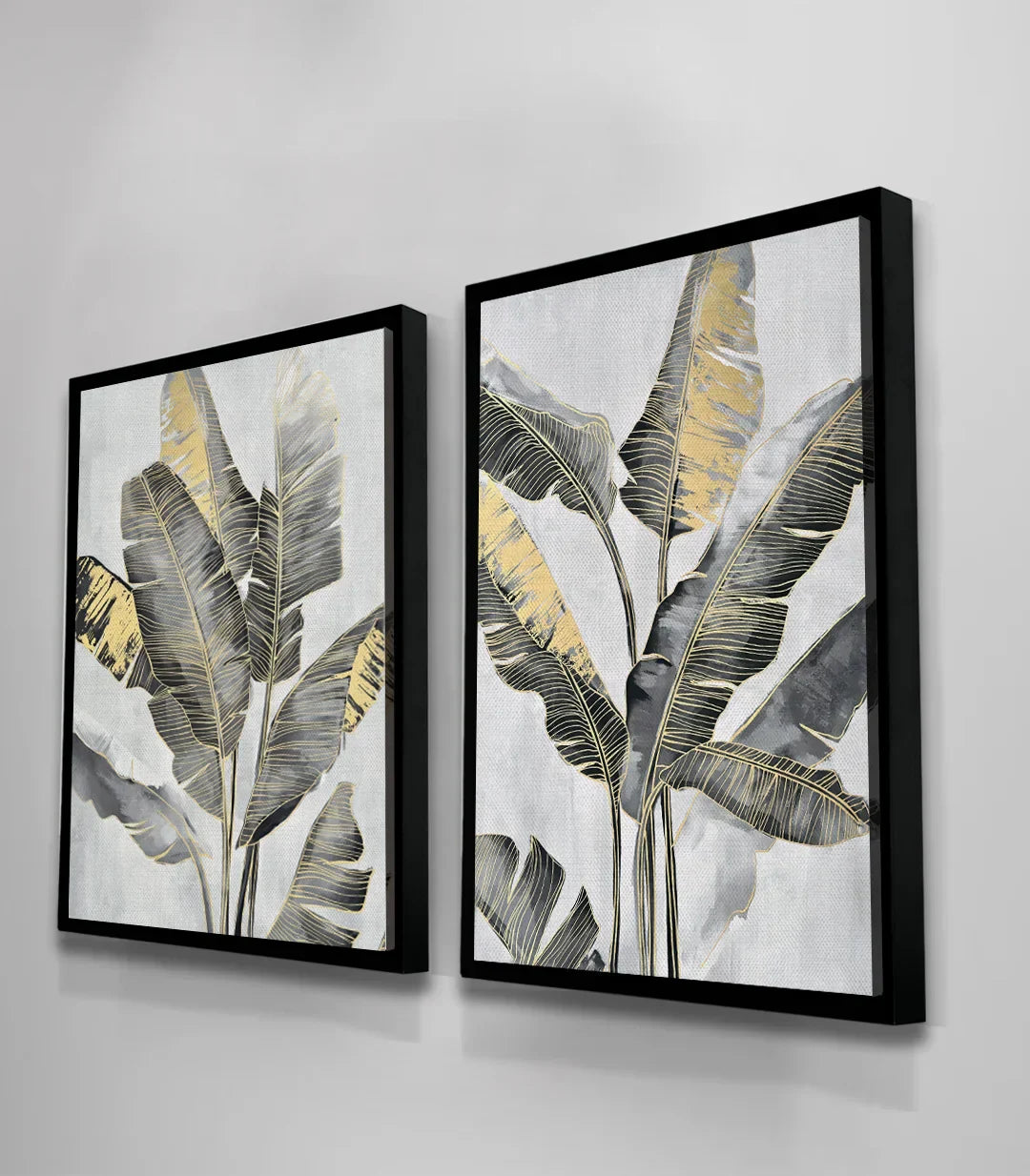Cuadro decorativo Banana Leaves — díptico hojas de bananero dorado y gris