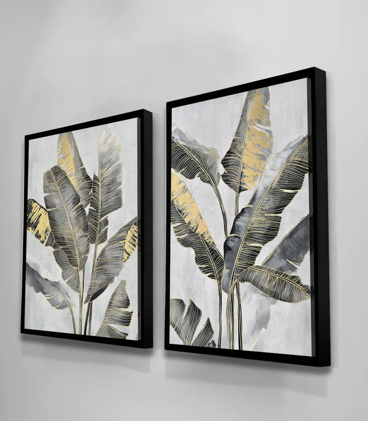 Cuadro decorativo Banana Leaves — díptico hojas de bananero dorado y gris