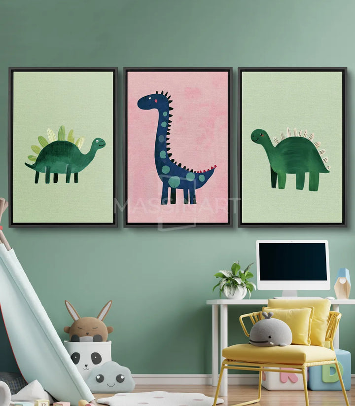 Cuadro dinosaurio estegosaurio verde salvia fondo claro estilo ilustración infantil Massinart