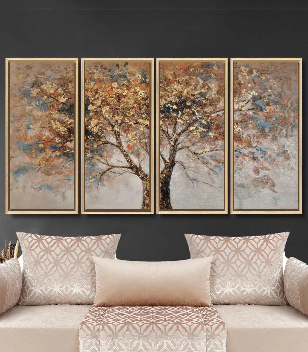Decoración de interiores con tríptico árbol hojas doradas Massinart