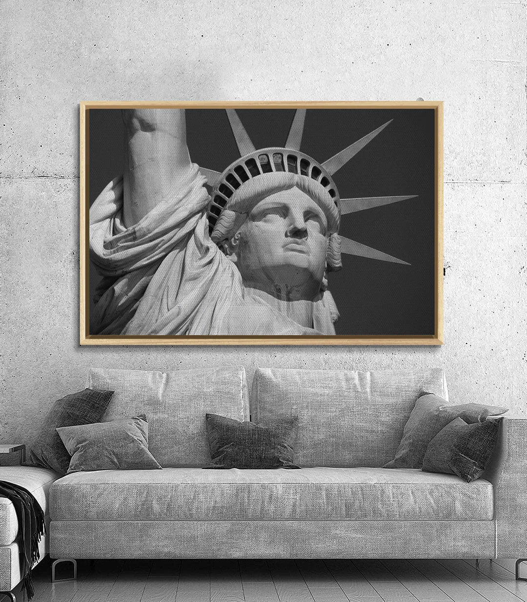 Cuadro Estatua de la Libertad en blanco y negro, primer plano del rostro y la corona sobre fondo oscuro — Massinart