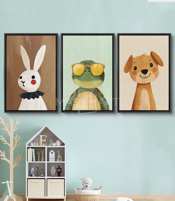 Cuadro conejo blanco sonriente fondo marrón estilo minimalista Massinart