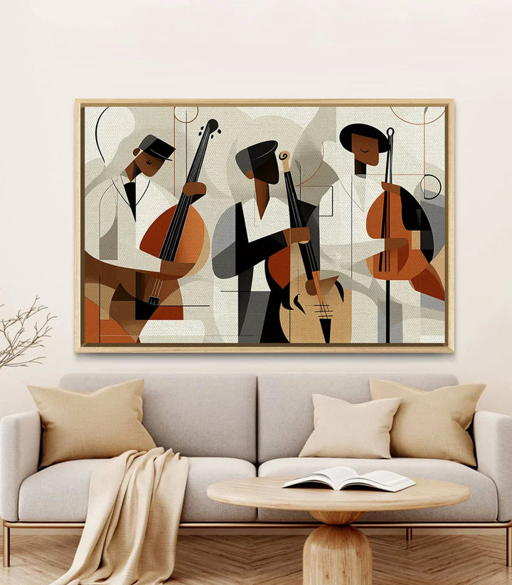 Decoración interior con cuadro de músicos de jazz The Swinging Beat Massinart, estilo art déco