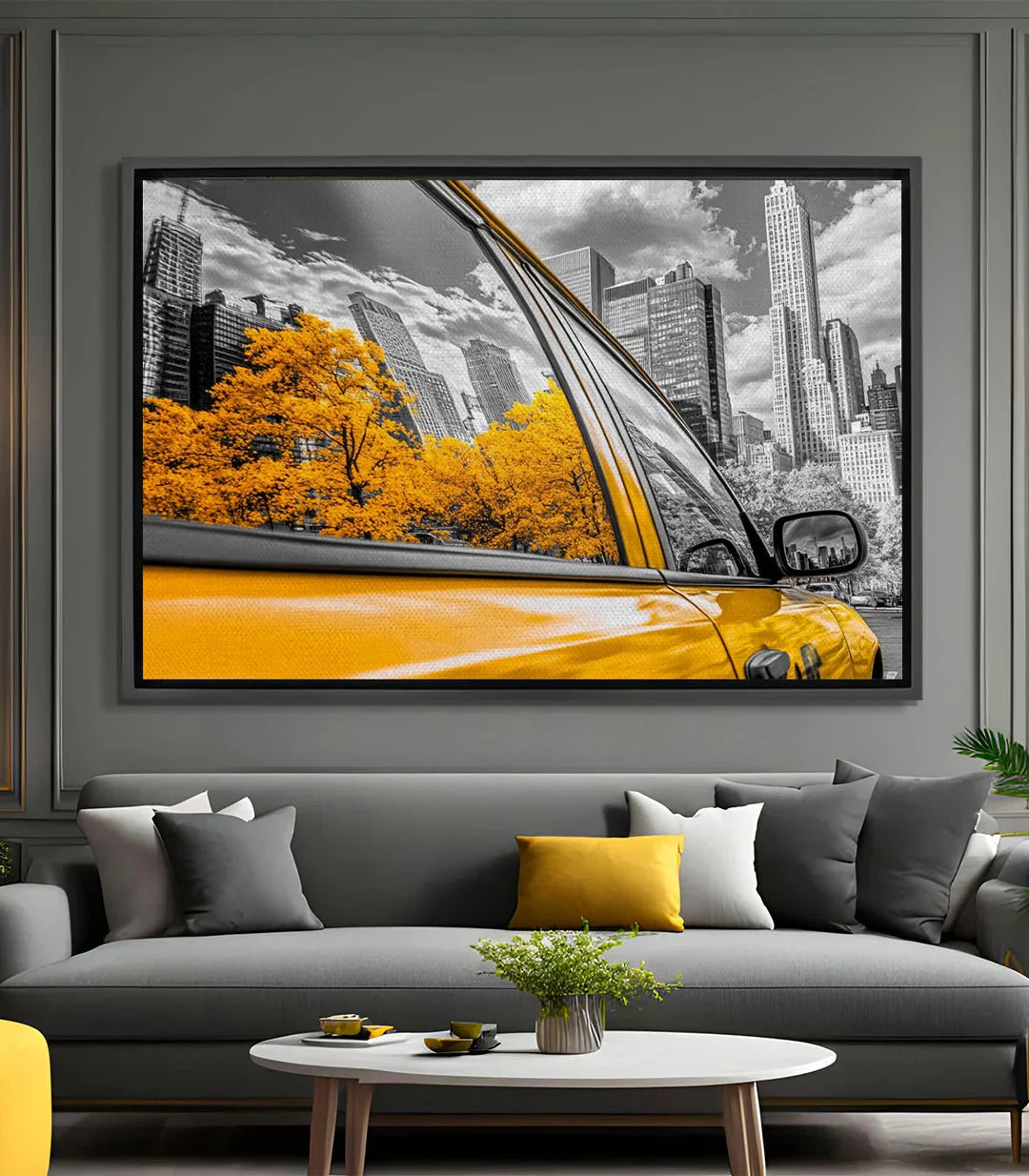 Cuadro taxi amarillo Nueva York Massinart — skyline urbana color selectivo horizontal
