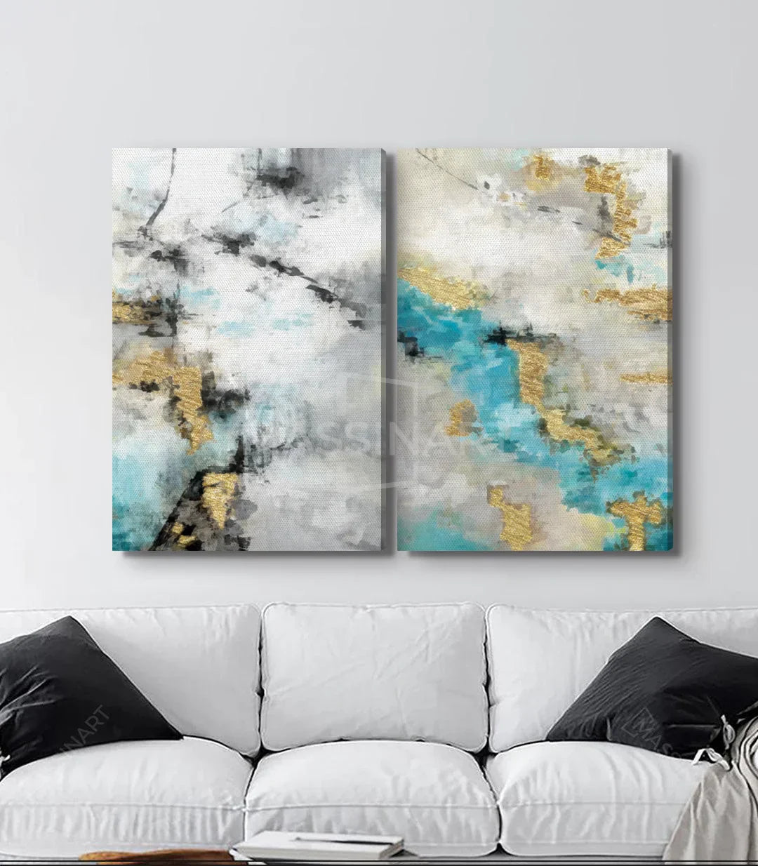 Detalle de textura del cuadro abstracto gris y turquesa con acabados dorados — Massinart