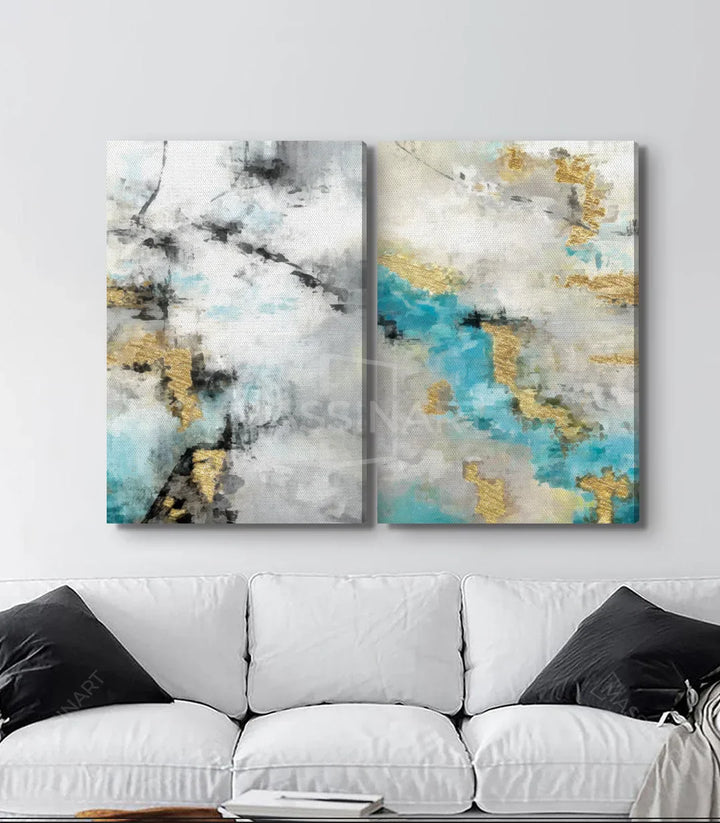 Detalle de textura del cuadro abstracto gris y turquesa con acabados dorados — Massinart