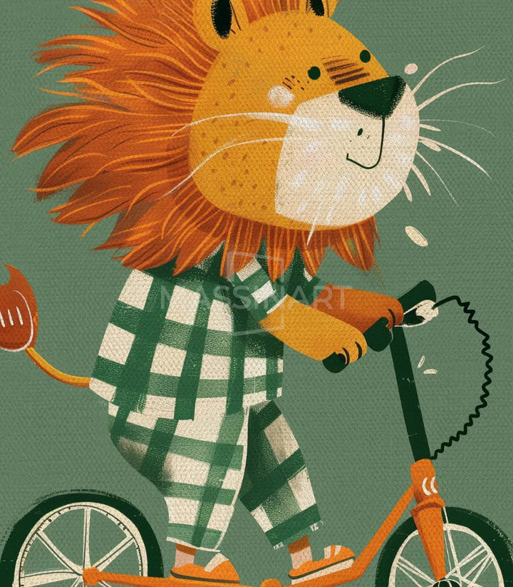 Detalle ilustración Skater King — león en bici Massinart