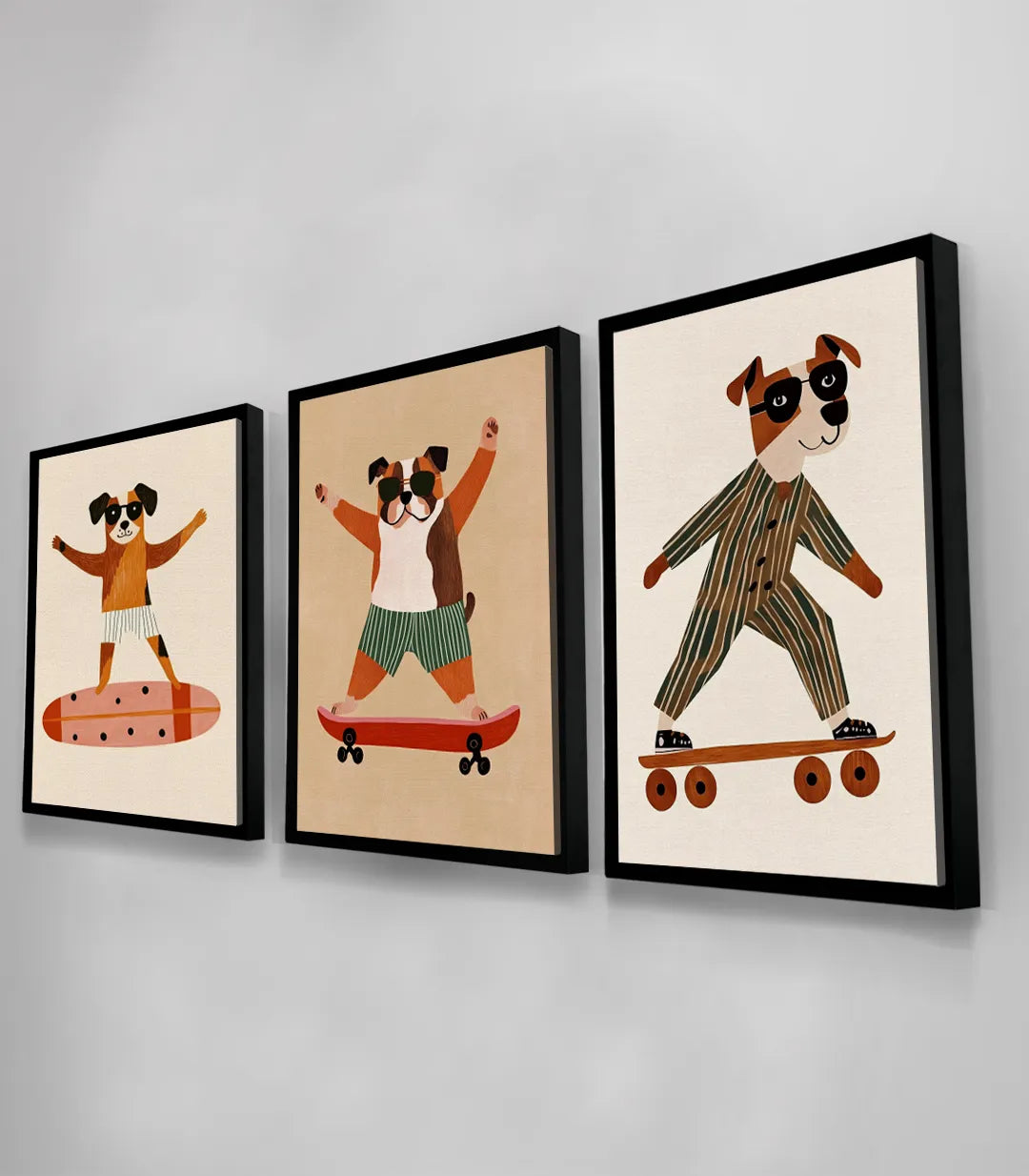 Cuadro Puppy Skaters tríptico en habitación infantil con arcoíris, decoración colorida Massinart