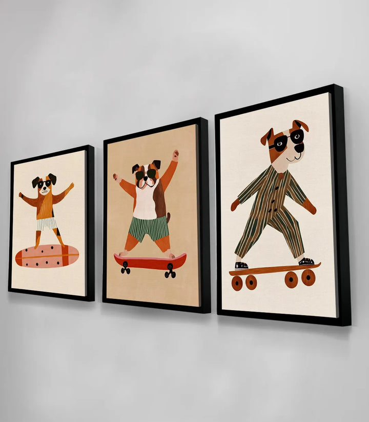 Cuadro Puppy Skaters tríptico en habitación infantil con arcoíris, decoración colorida Massinart