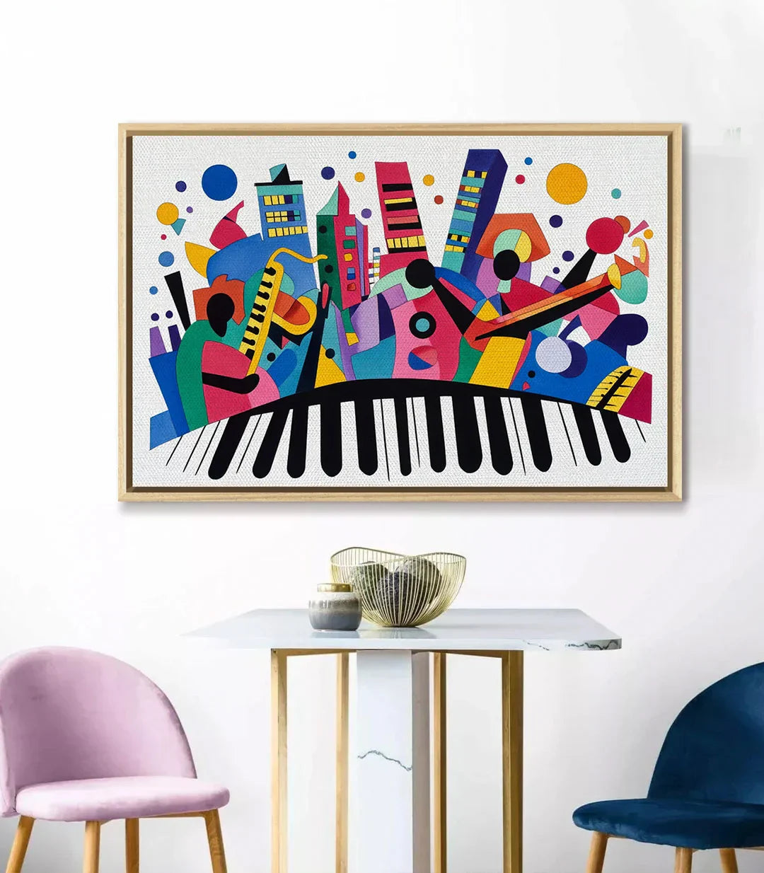 Detalle de la composición musical — piano y formas geométricas en colores intensos — Massinart