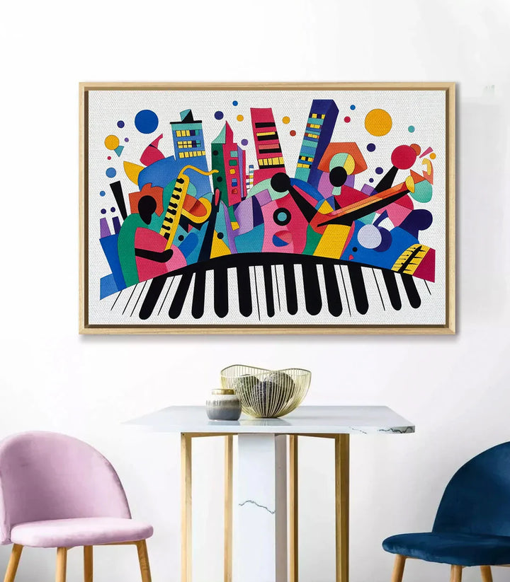 Detalle de la composición musical — piano y formas geométricas en colores intensos — Massinart