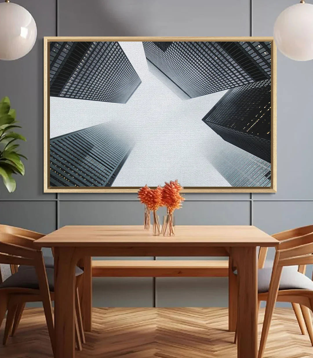 Decoración mural con perspectiva urbana en salón de estilo minimalista Massinart