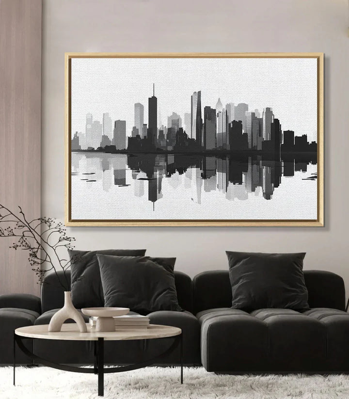 Cuadro skyline con reflejo urbano minimalista en blanco y negro Massinart