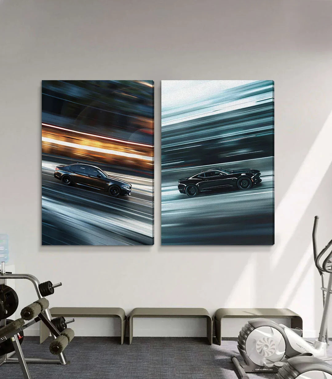 Cuadro Speed Rush decorando un salón contemporáneo con pared blanca, Massinart