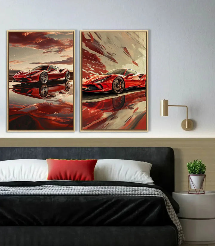 Detalle cuadro Red Reflection coche de lujo en tonos beige y rojo — Massinart