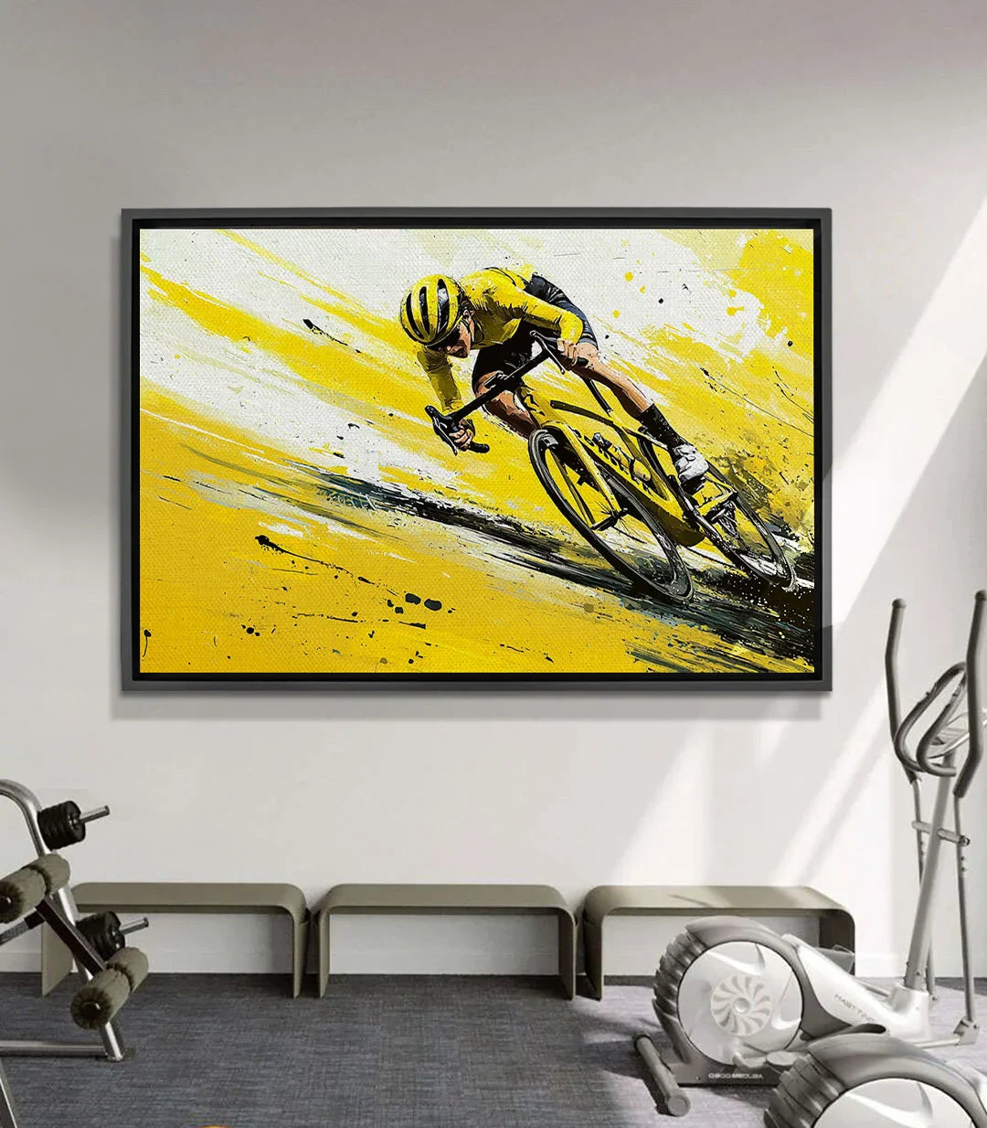 Cuadro ciclista deportivo amarillo y negro Massinart — bicicleta de carretera estilo expresionista