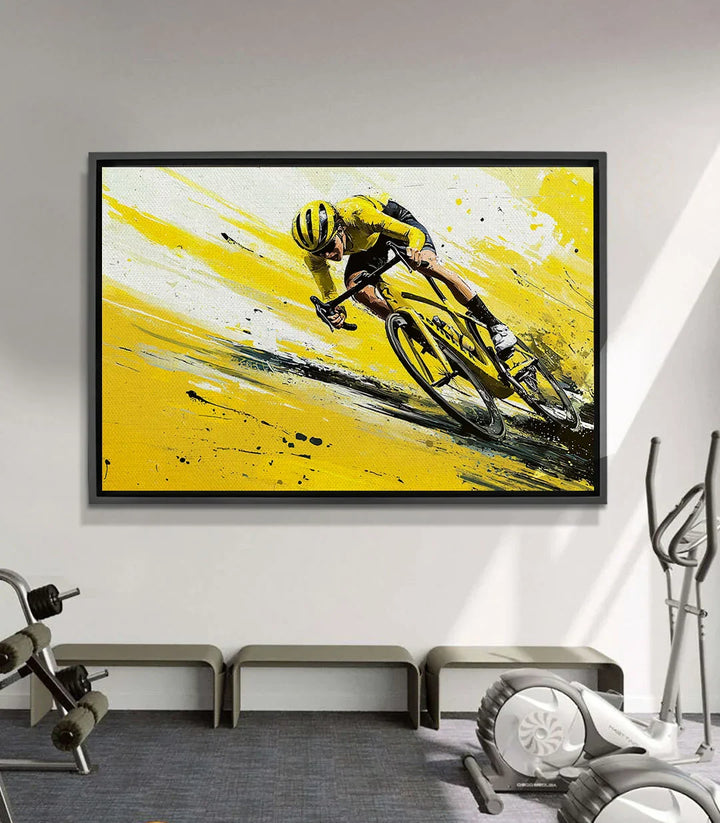 Cuadro ciclista deportivo amarillo y negro Massinart — bicicleta de carretera estilo expresionista