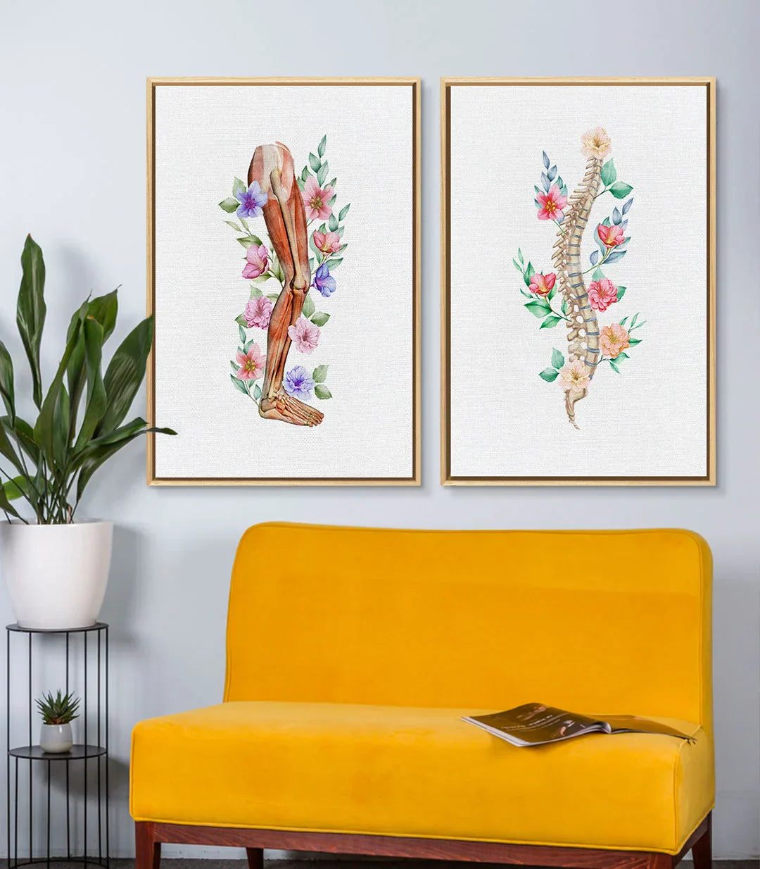 Díptico Floral Anatomy en salón moderno — cuadros sobre pared gris, decoración contemporánea Massinart