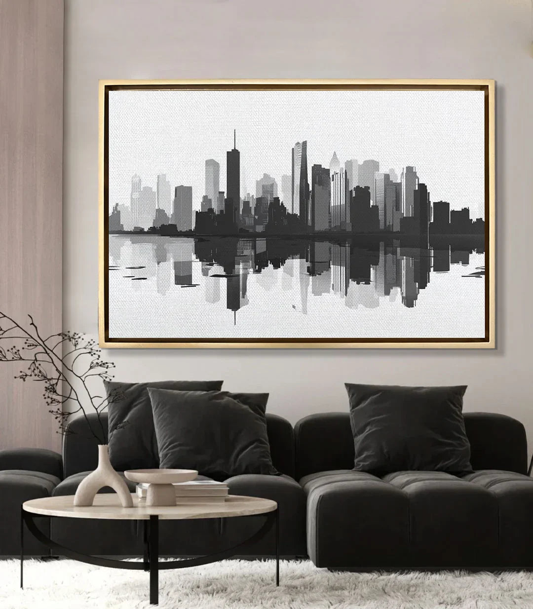 Ambientación en salón moderno — cuadro skyline blanco y negro sobre sofá Massinart