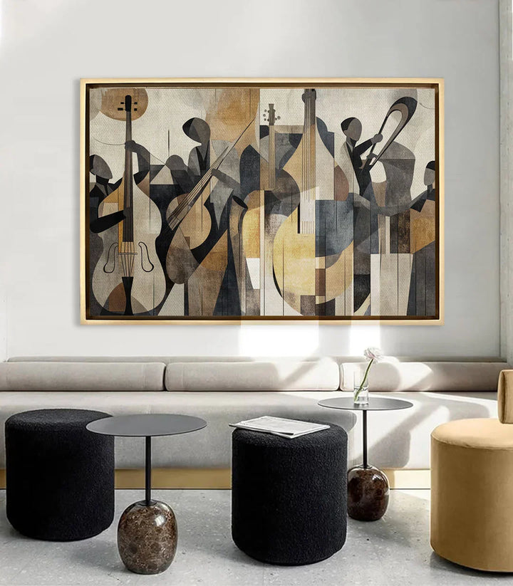 The Geometry of Jazz en salón moderno, decoración mural de jazz geométrico | Massinart