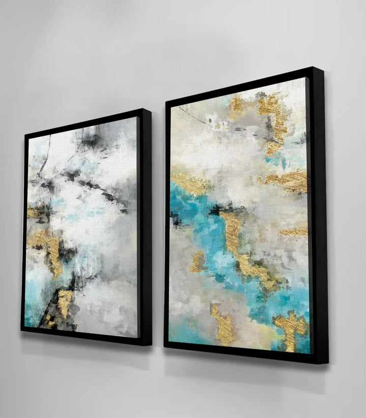 Cuadro abstracto moderno en salón de diseño con tonos azules y dorados — Massinart