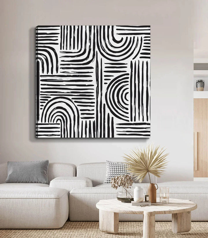 Detalle motivos circulares y lineales — Cuadro Monochrome Flow diseño abstracto — Massinart