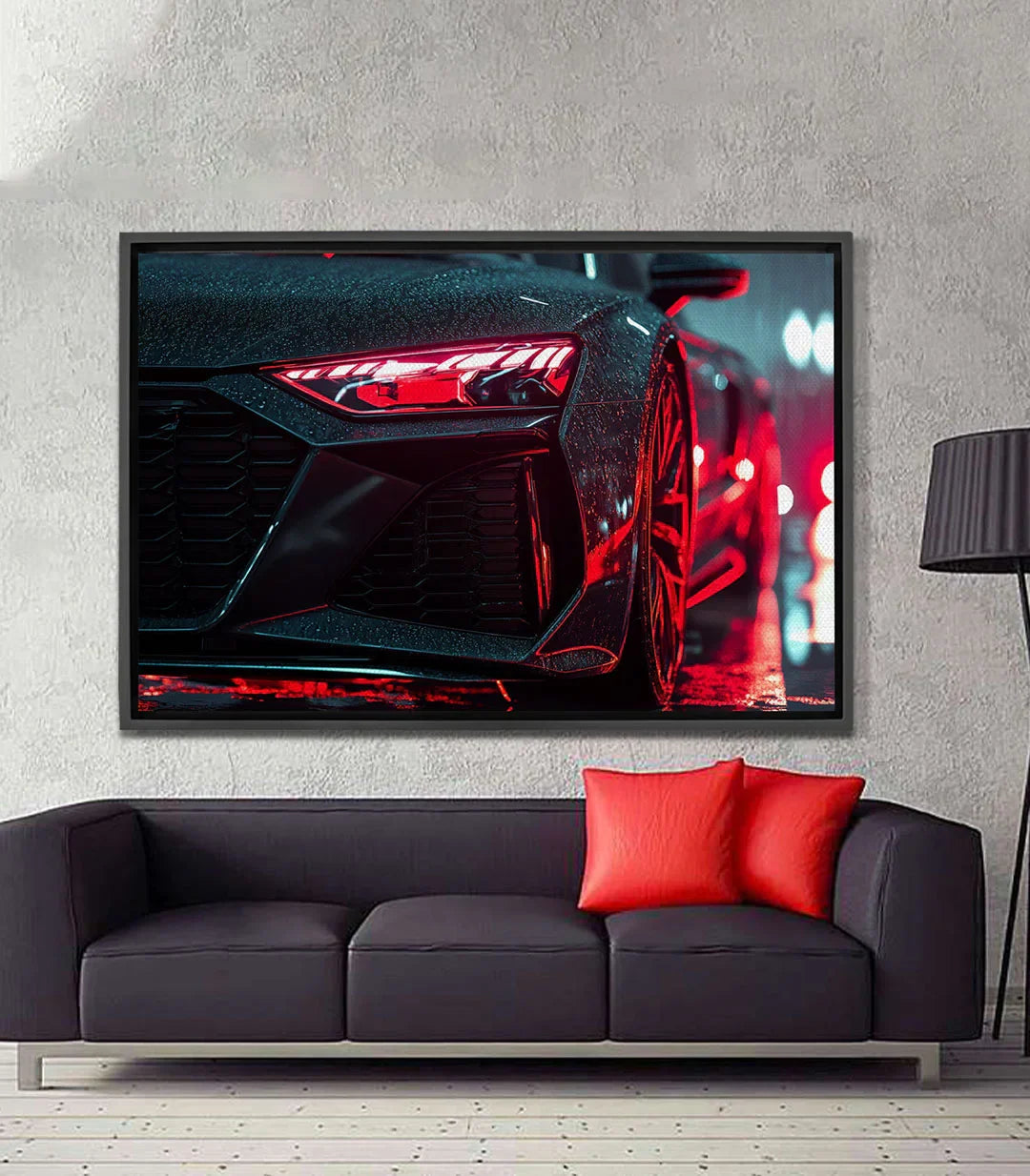 Cuadro coche deportivo luces neón rojo Massinart — detalle faros traseros luminosos