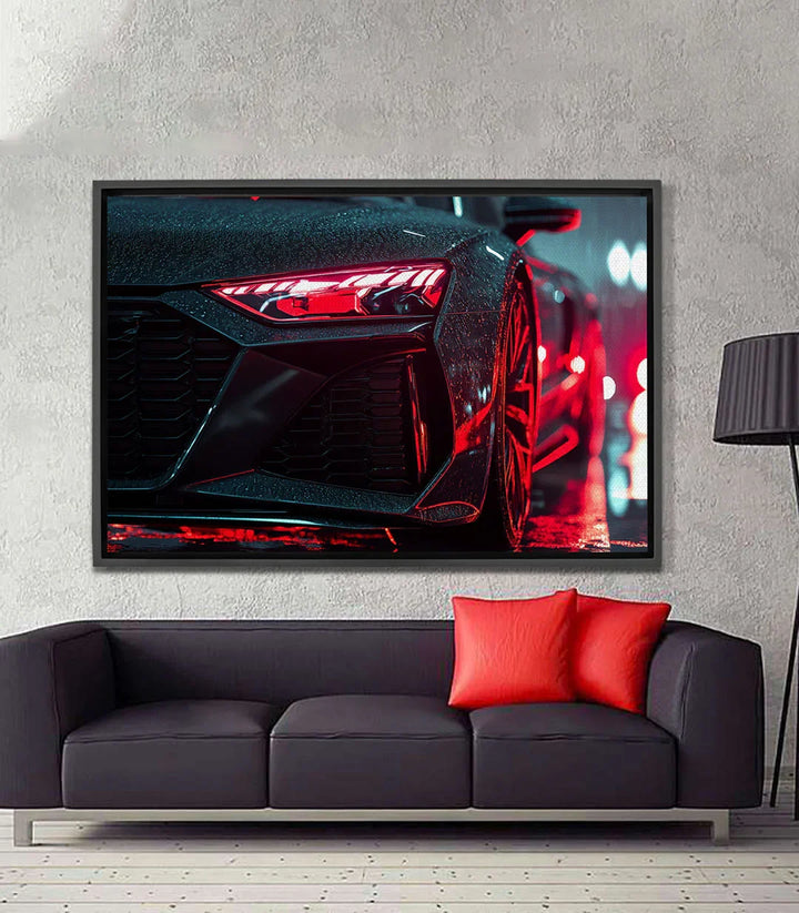 Cuadro coche deportivo luces neón rojo Massinart — detalle faros traseros luminosos
