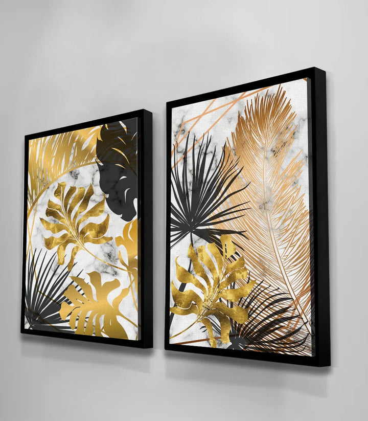 Ambiente salón de lujo - díptico mármol dorado y negro con cojines a juego, Massinart