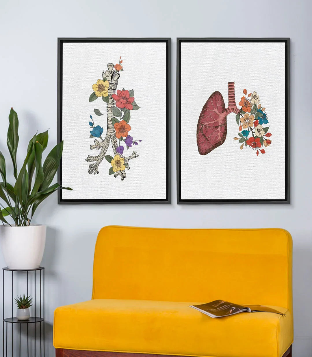 Cuadro Botanic Lungs díptico — Tráquea decorada con flores de colores, arte mural Massinart