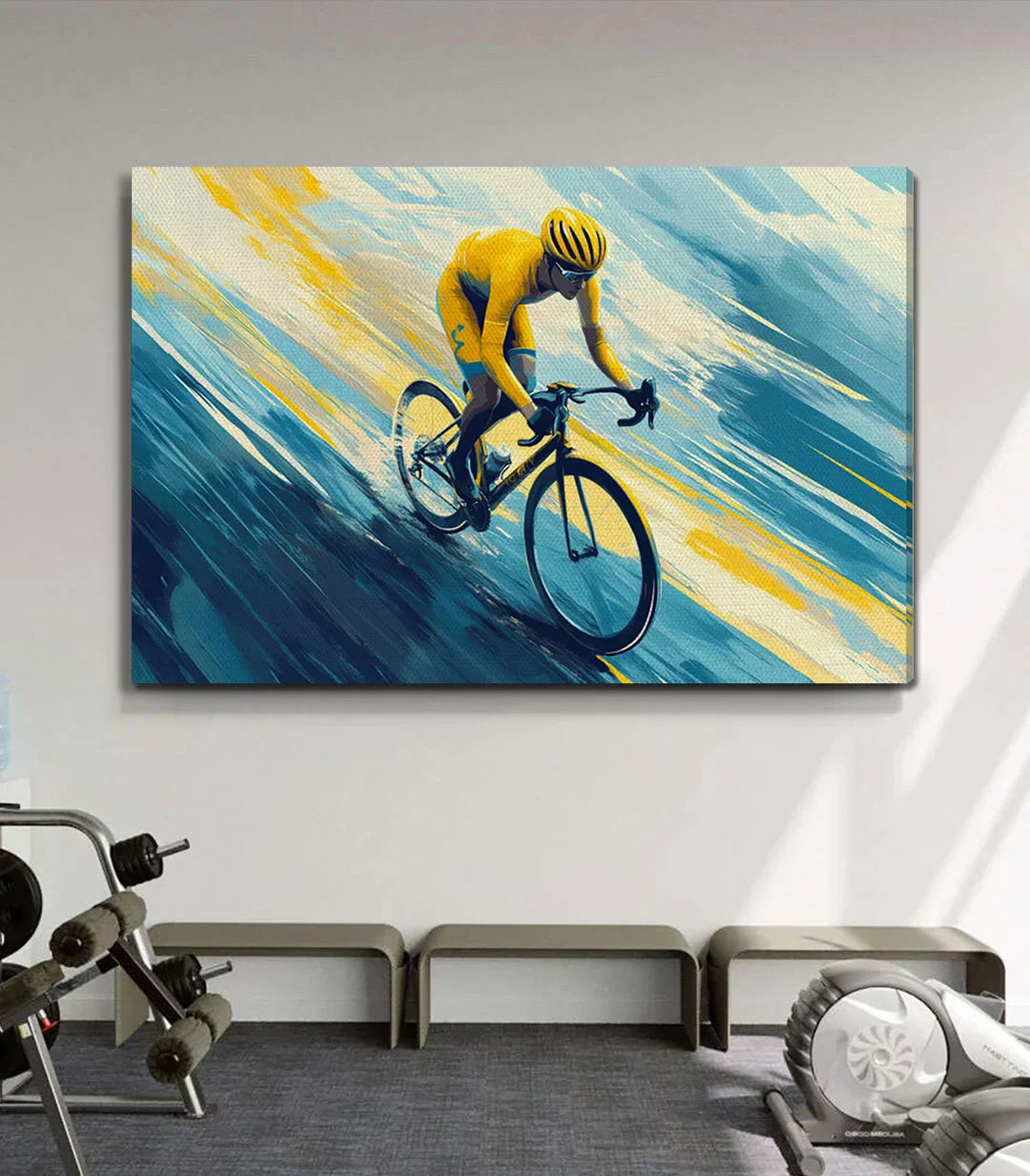 Cuadro Golden Ride en salón — lienzo horizontal con marco negro y decoración contemporánea