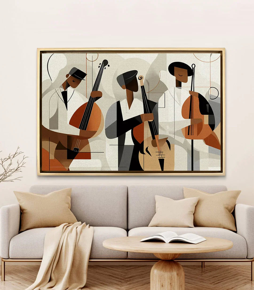 Cuadro The Swinging Beat Massinart en salón moderno sobre sofá, decoración contemporánea