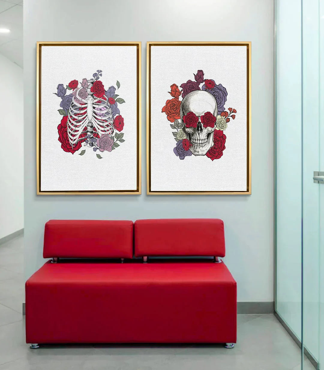 Díptico cráneo y rosas rojas decoración salón moderno fondo blanco y negro Massinart