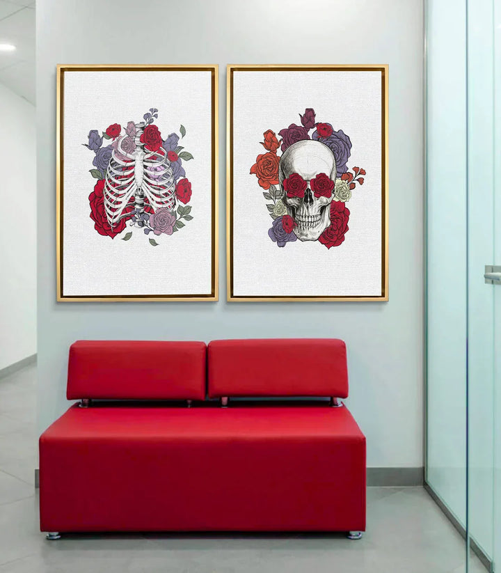 Díptico cráneo y rosas rojas decoración salón moderno fondo blanco y negro Massinart