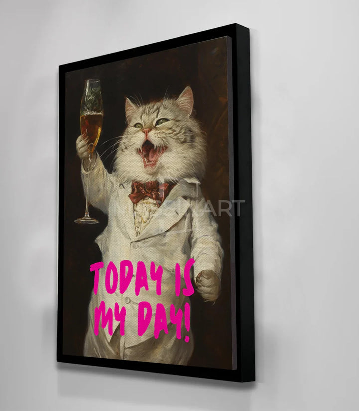 Decoración salón de diseño — cuadro Cheers Kitty luminoso con marco negro, estilo pop-art