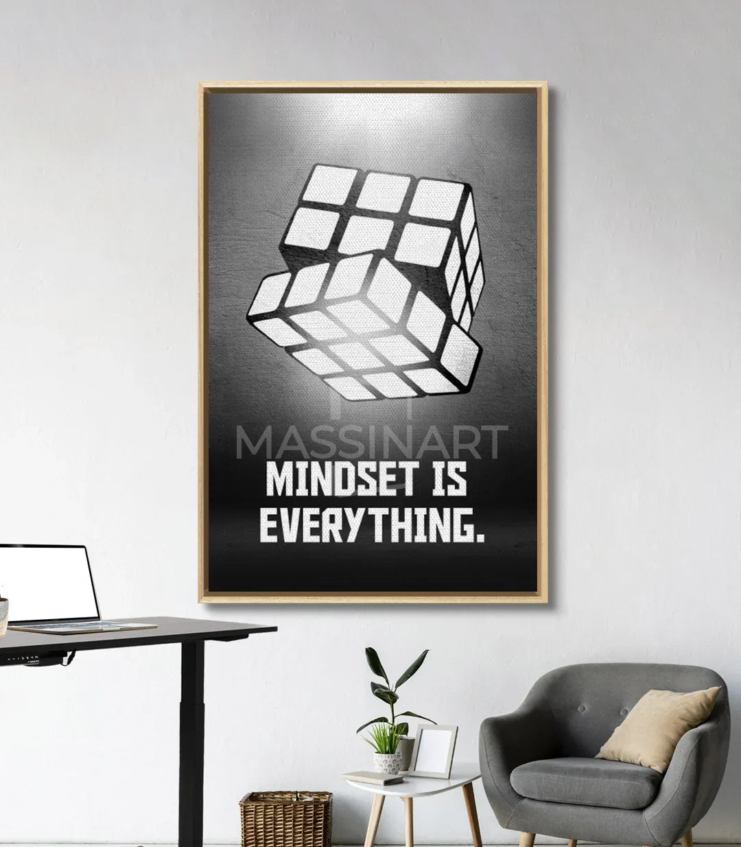 Decoración interior salón con cuadro minimalista negro geométrico Massinart