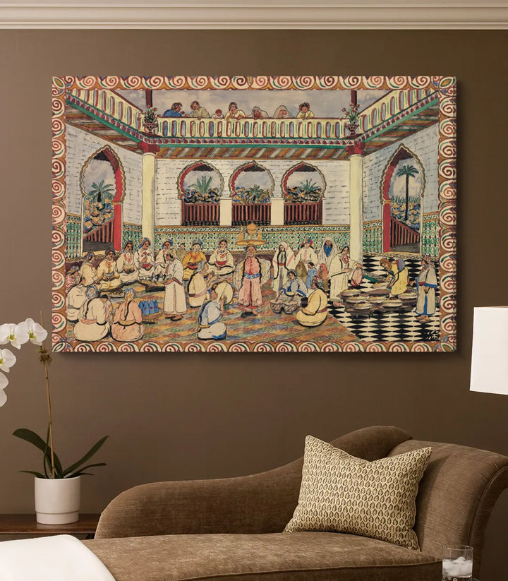 Cuadro de banquete marroquí con arcos rojos y arquitectura oriental, Massinart