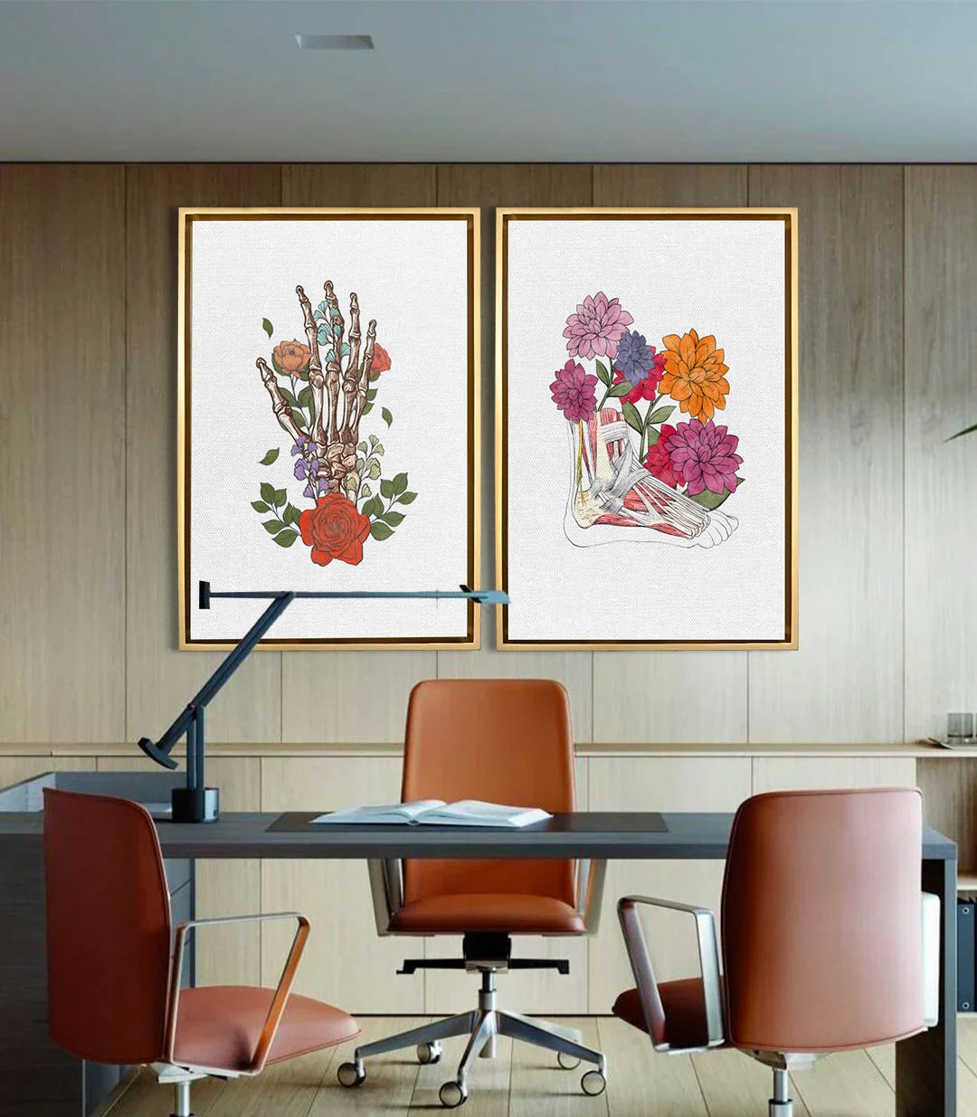 Cuadro pies esqueleto con dalias multicolores, decoración despacho — Massinart