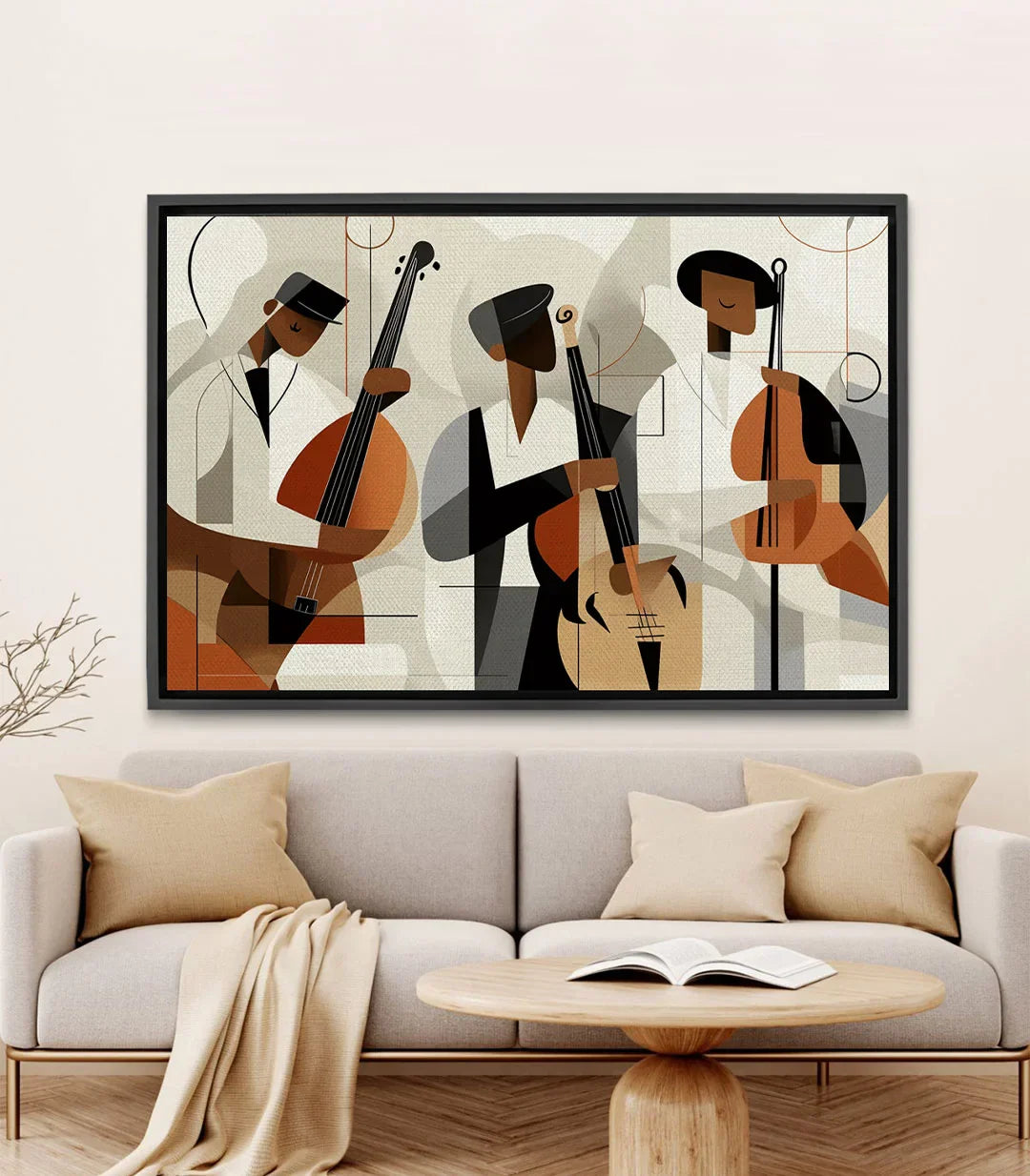 Cuadro The Swinging Beat — composición cubista con músicos de jazz, paleta beige y negro, Massinart